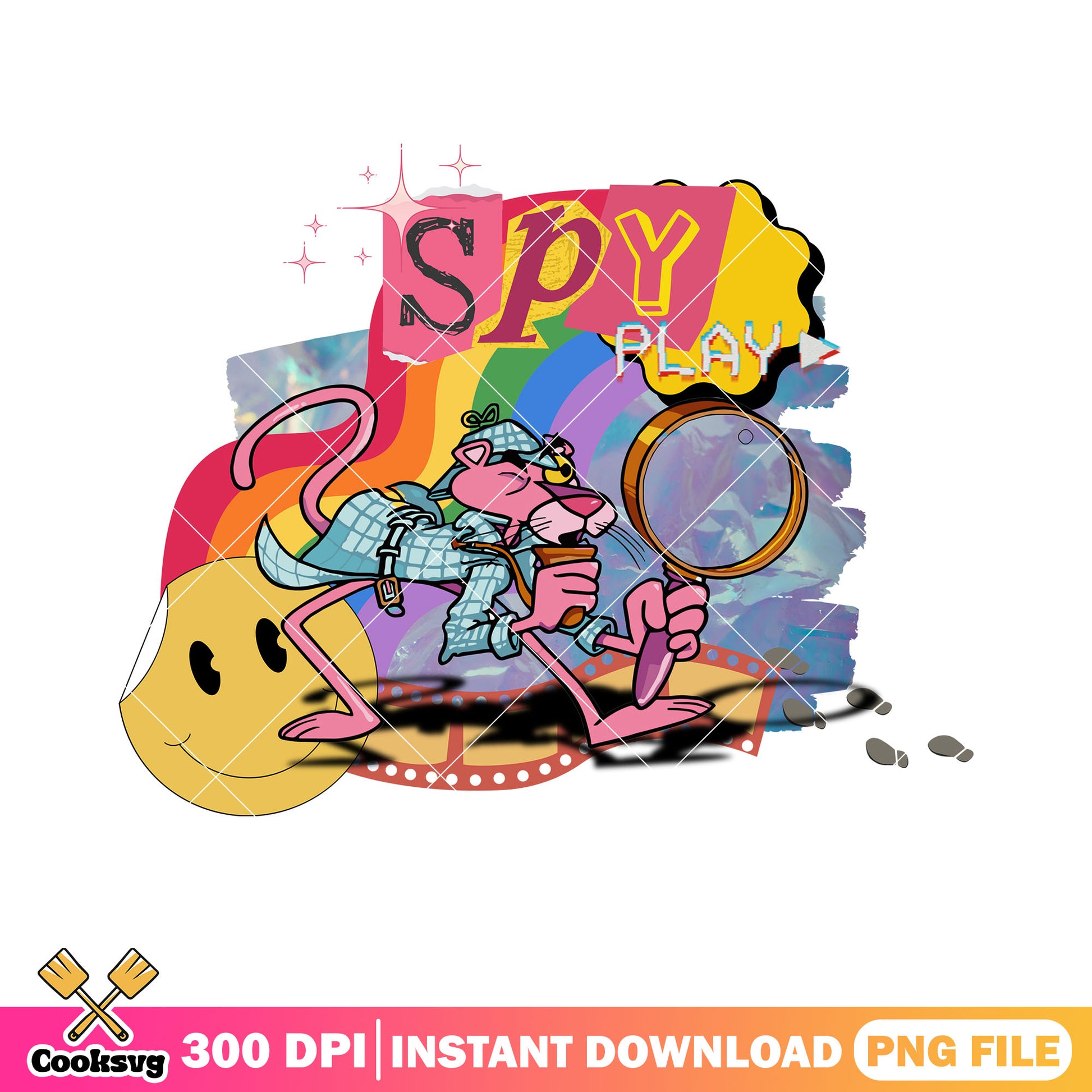 Cartoon 90s Pink Panther  png, rainbow magnifying glass png, icon smile png