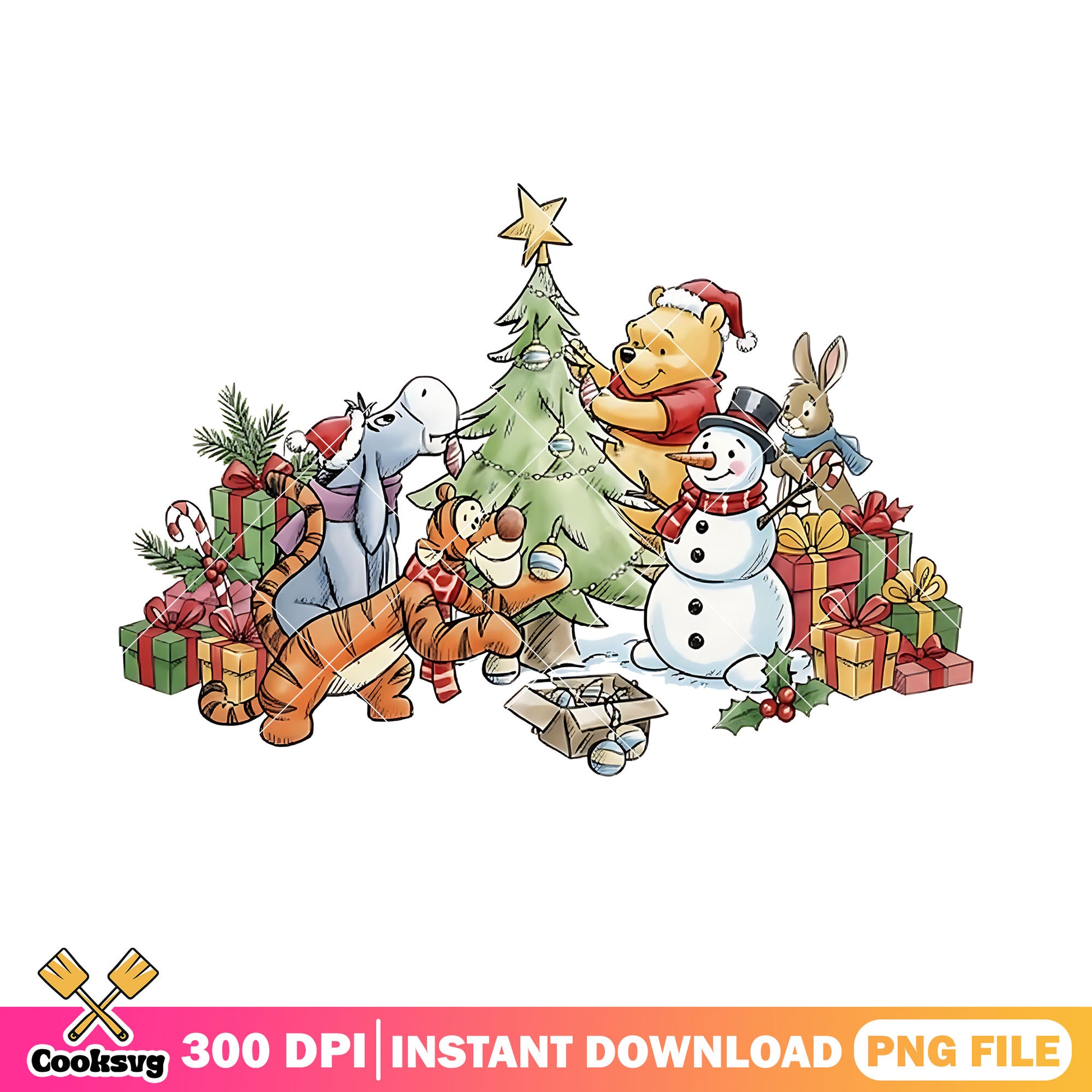 Cartoon christmas for kids png, christmas gifts png, pooh png