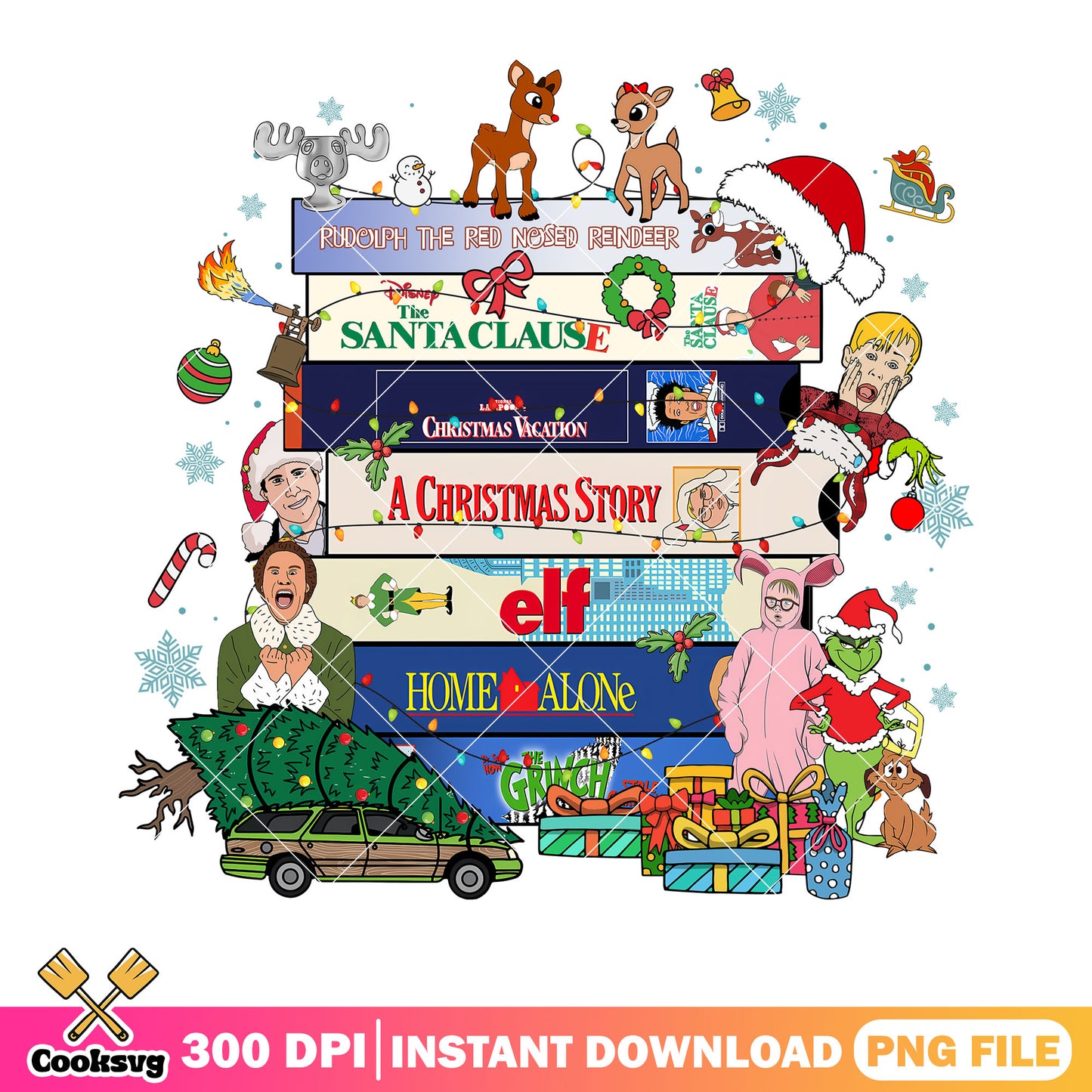 Cartoon christmas movie png, stack illustration png, cute nostalgic