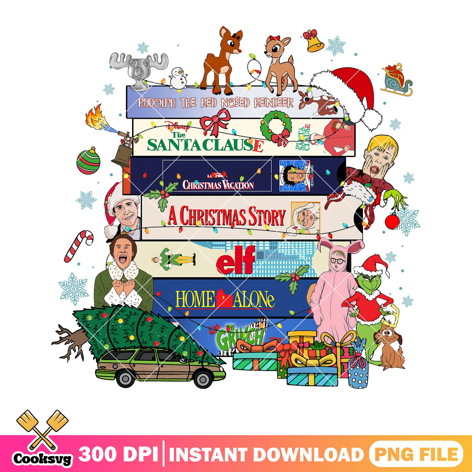 Cartoon christmas movie png, stack illustration png, cute nostalgic