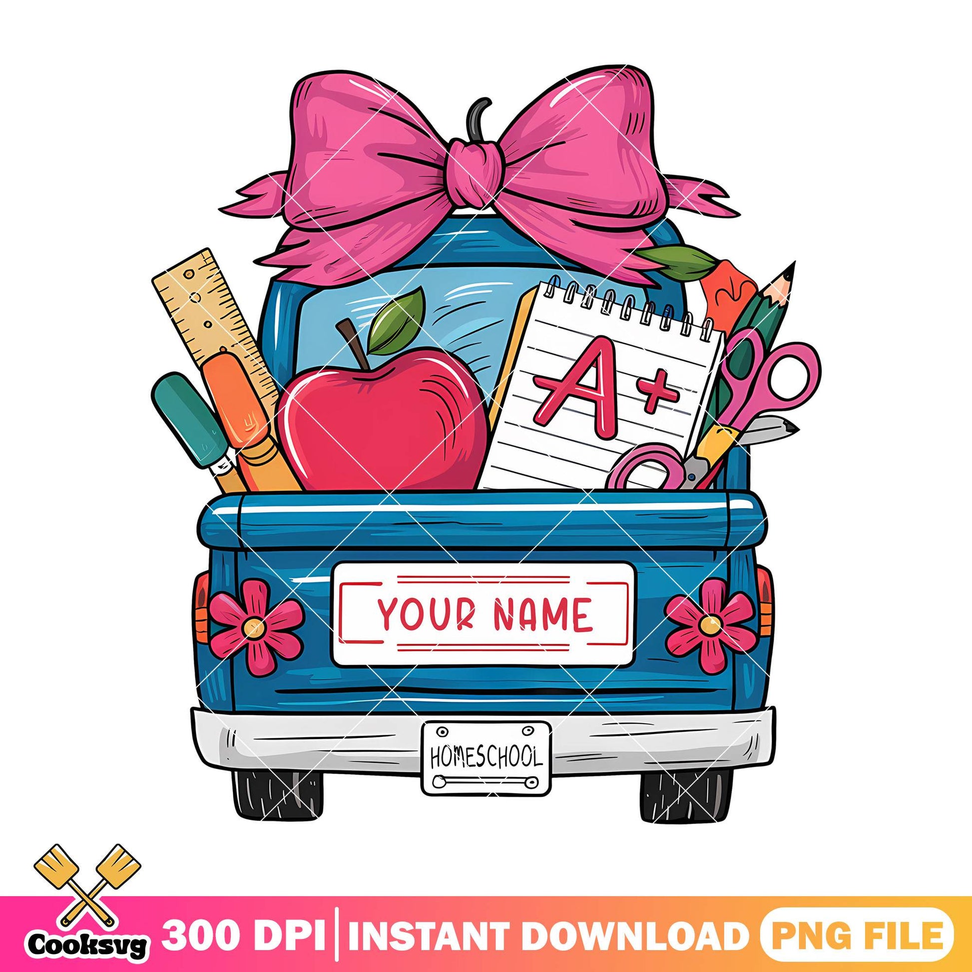 Car with study supplies png, back to school art png, school item png