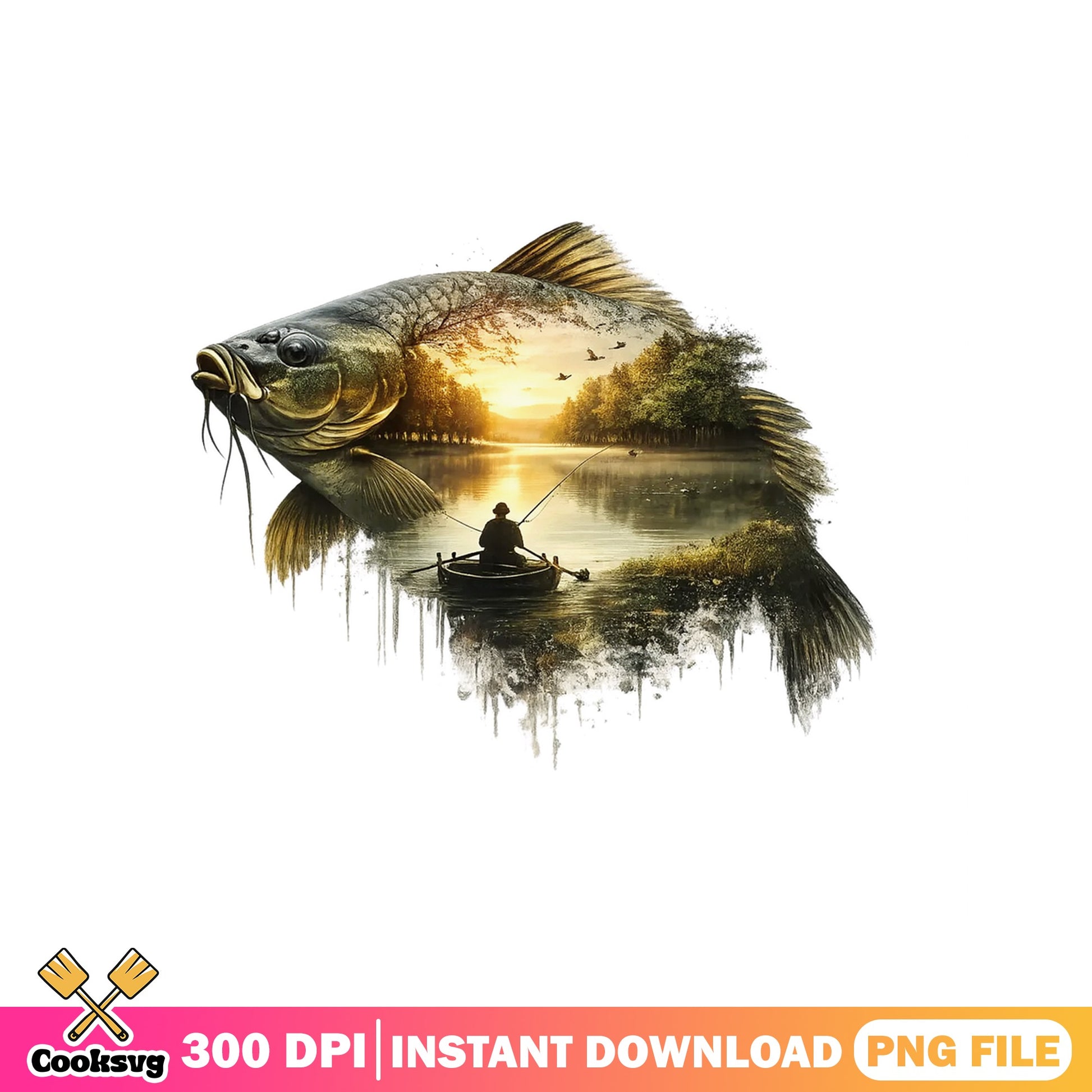 Catfish Fishing Double Exposure PNG, Fisher Boat PNG, Fishing PNG