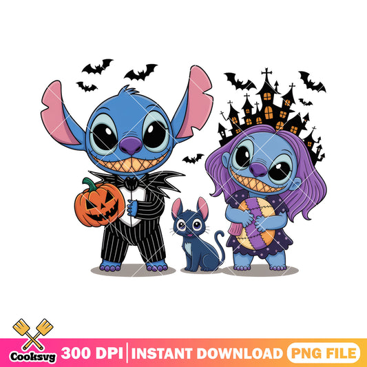 Cats with couple stitch png, happy halloween png, stitch horror png