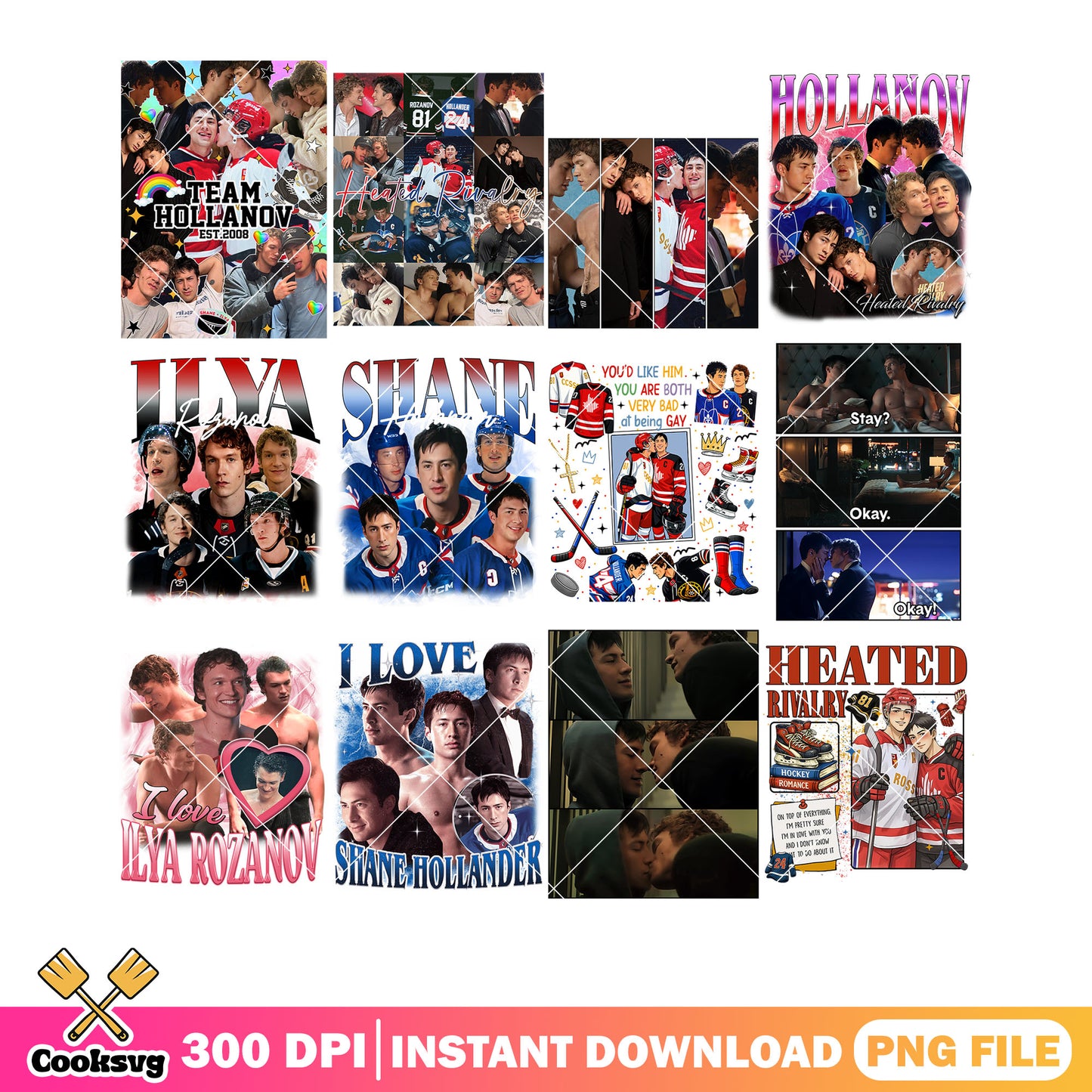 Character poster hockey png bundle, romance hockey png, heated rivalry png