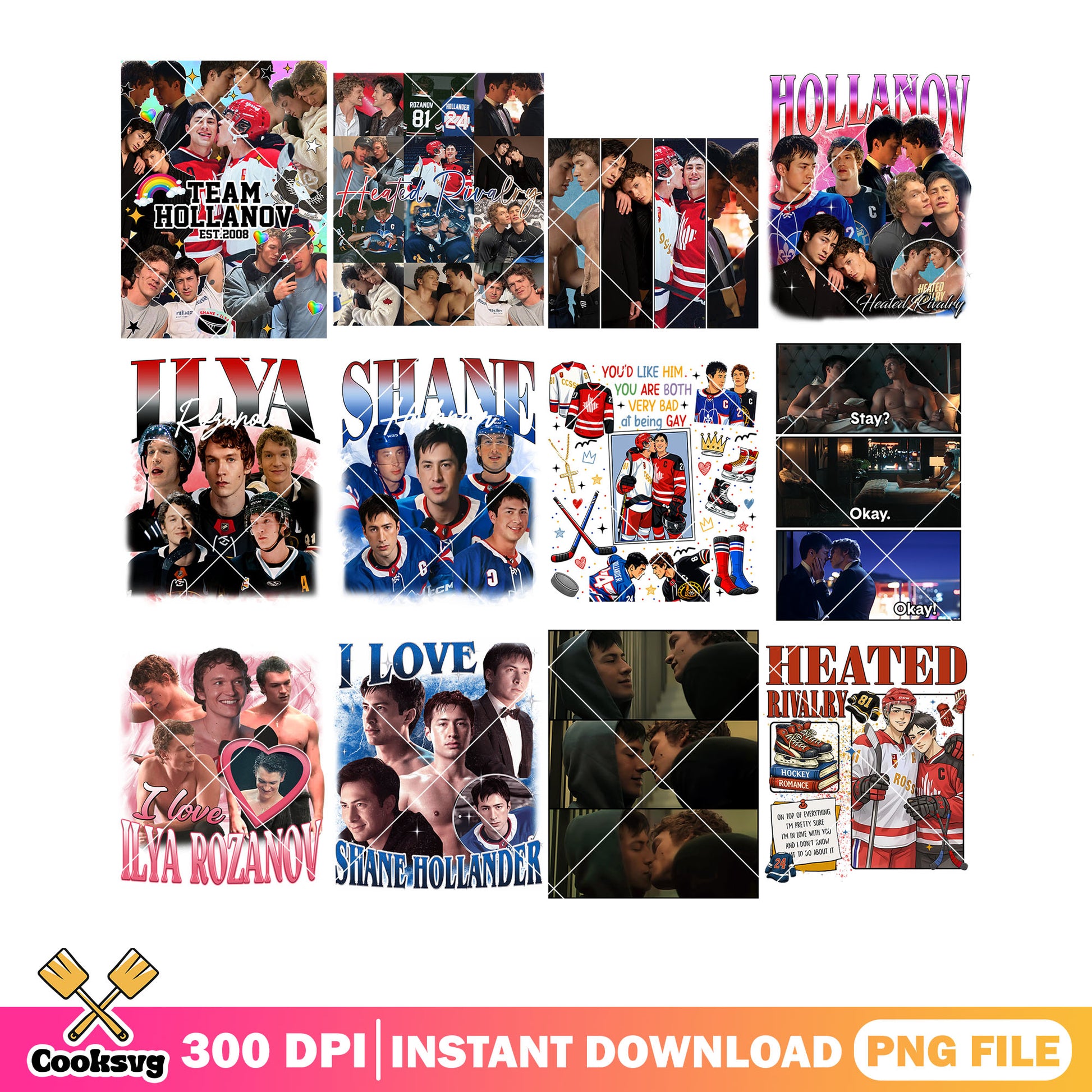 Character poster hockey png bundle, romance hockey png, heated rivalry png