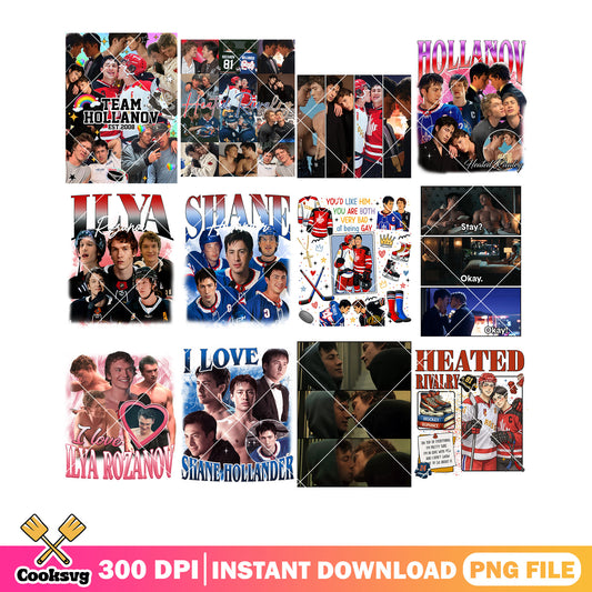 Character poster hockey png bundle, romance hockey png, heated rivalry png