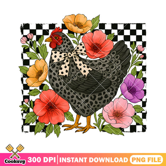 Checkered Flower Chicken Png, Chicken Coquette Png, chicken bow png