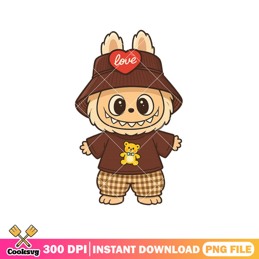 Cheerful bear theme png, labubu love png, labubu outfit png