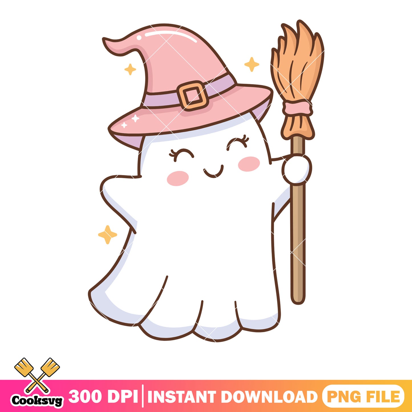Chibi baby ghost png, pink witch hat png, scary halloween night png 