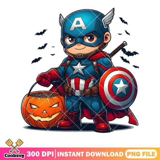 Chibi captain america png, halloween pumpkin png, marvel halloween png