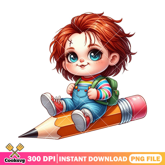 Chibi chucky with pencil png, chucky png, go back to school png