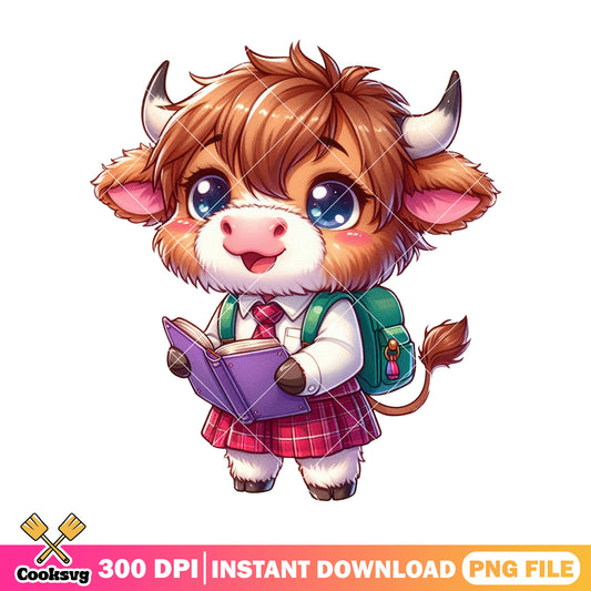 Chibi cow with book png, cow baby png, welcome back to school png