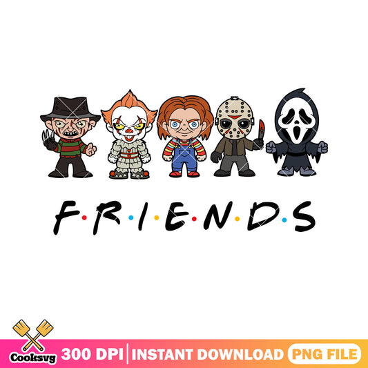 Chibi horror movie png, horror friends halloween png, cute horror png