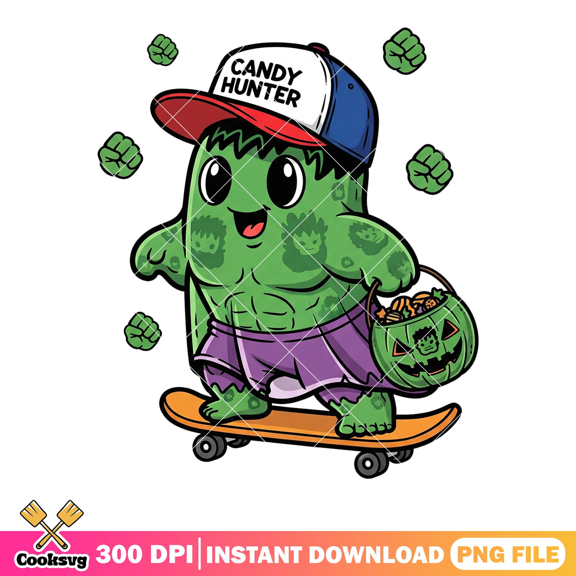 Chibi hulk png, candy hunting​ png, marvel halloween png
