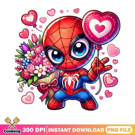 Chibi sipder man valentine flower png, marvel png, valentine vibes png