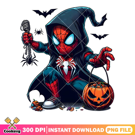 Chibi spiderman png, halloween marvel png, spooky costume png