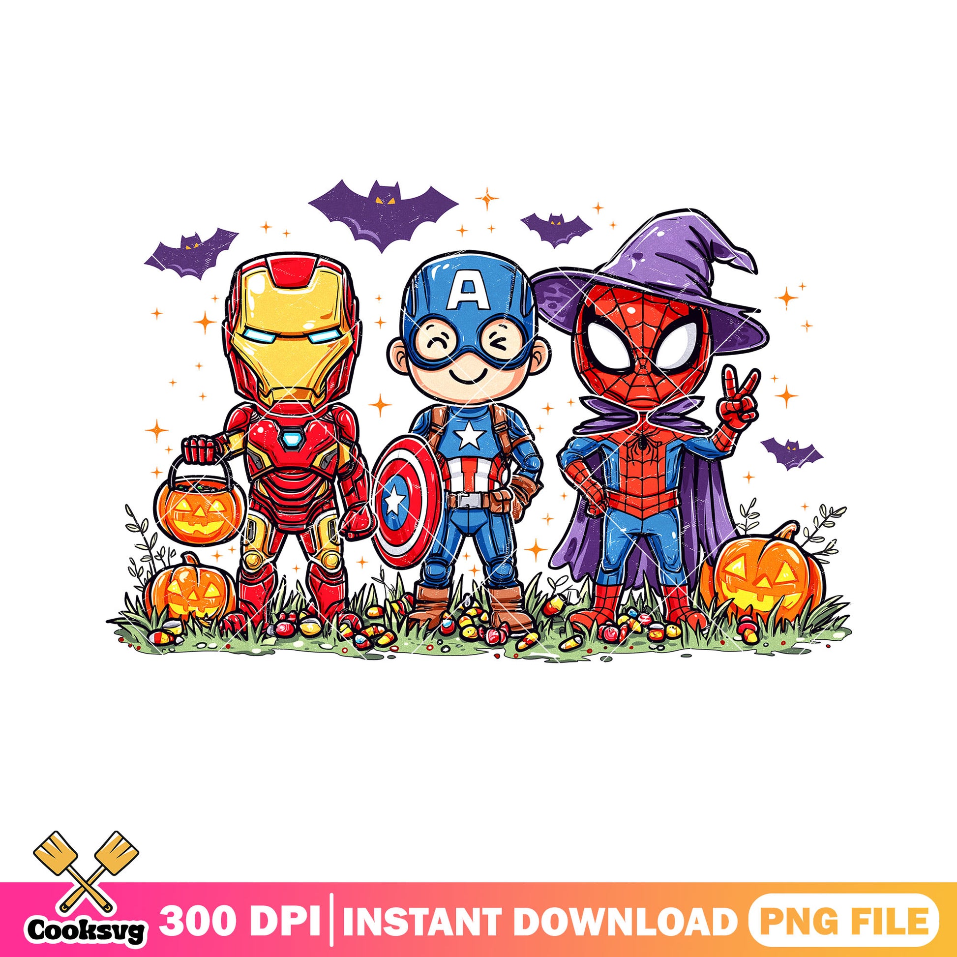 Chibi superheroes png, halloween costumes png, pumpkin halloween png