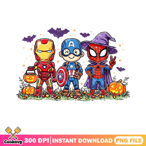 Chibi superheroes png, halloween costumes png, pumpkin halloween png