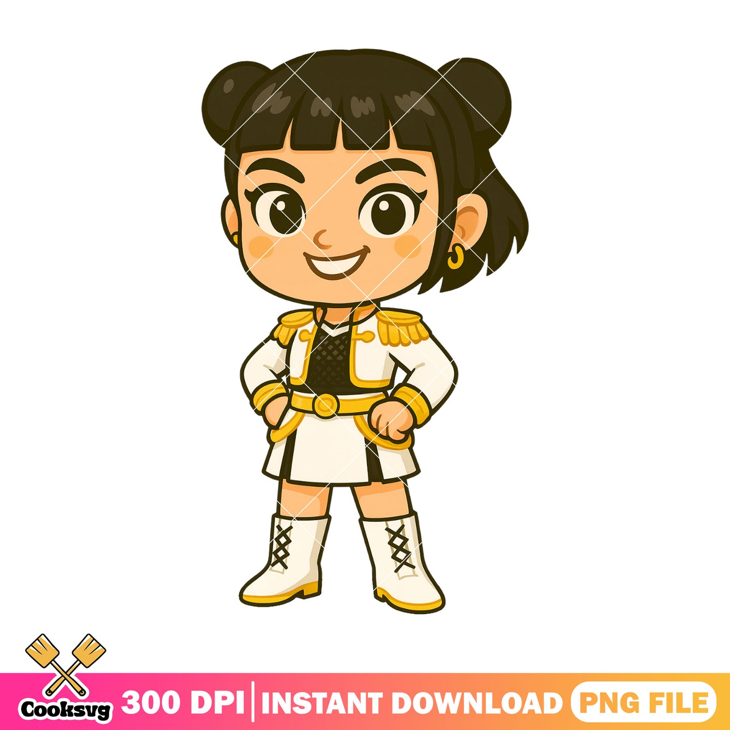 Chibi zoey golden fit standing png, rumi kpop png, huntrix girl png