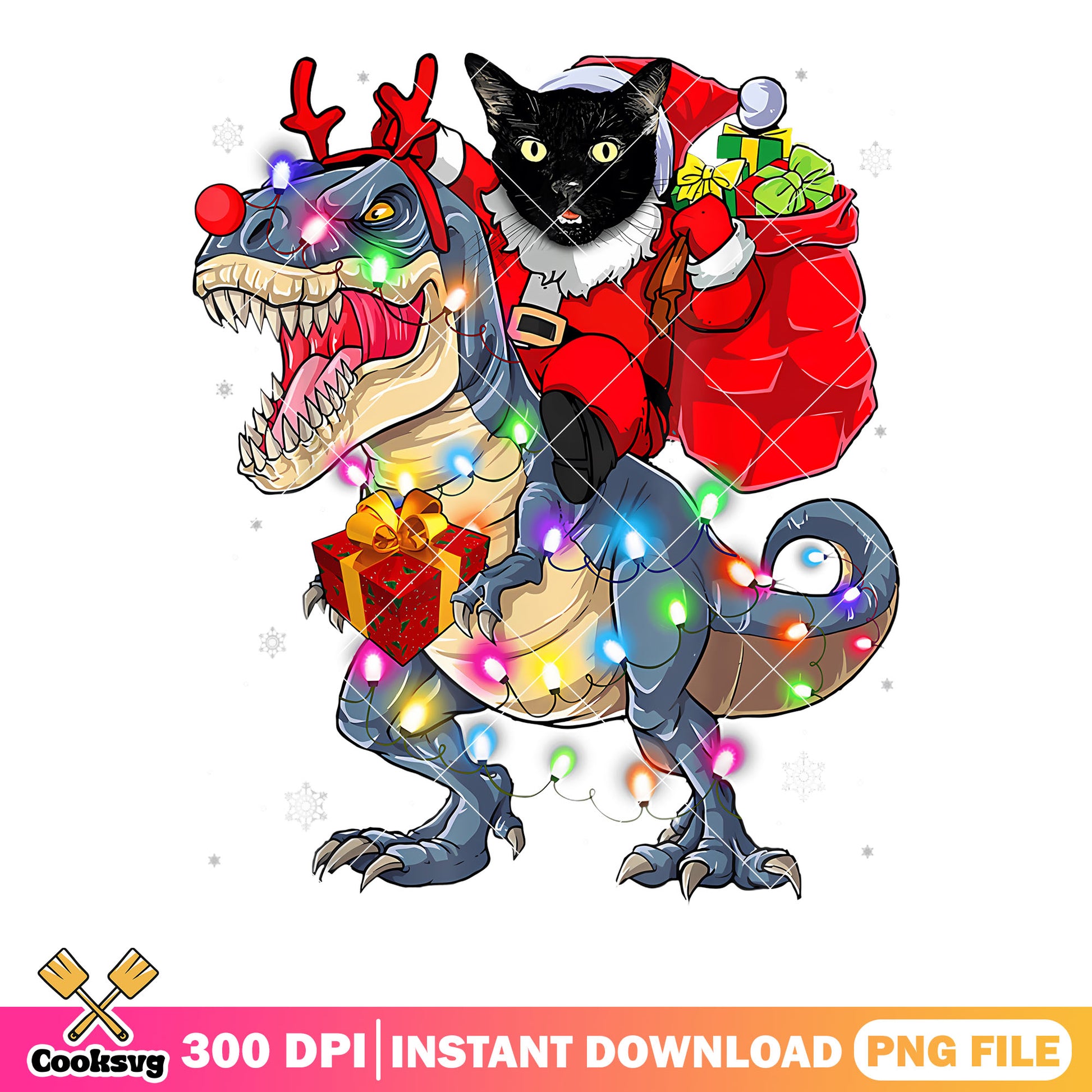 Christmas dinosaur png, stringlight christmas png, black cat ​png