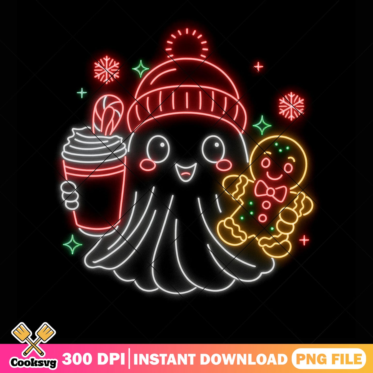 Christmas neon spirit png, christmas coffee png, gingerbread png