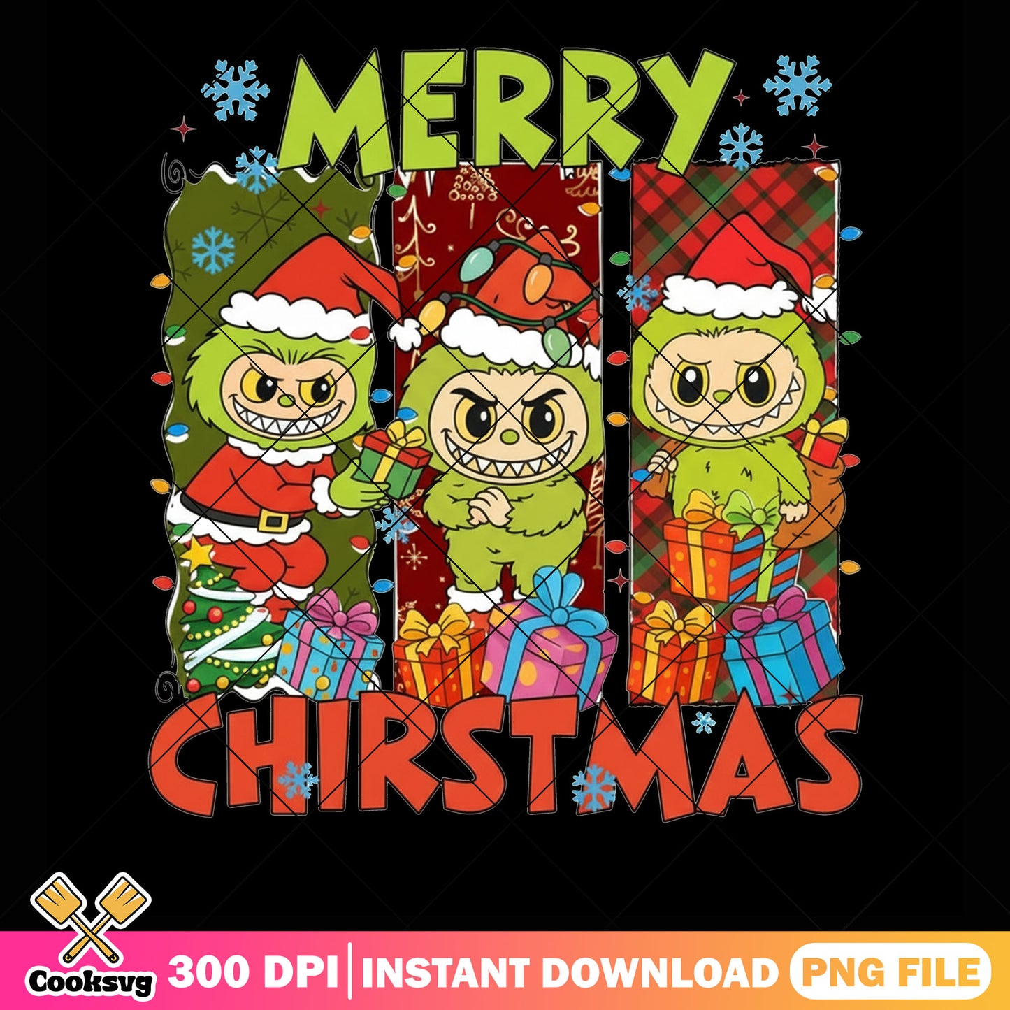 Christmas present snowflake png, labubu png, the grinch png