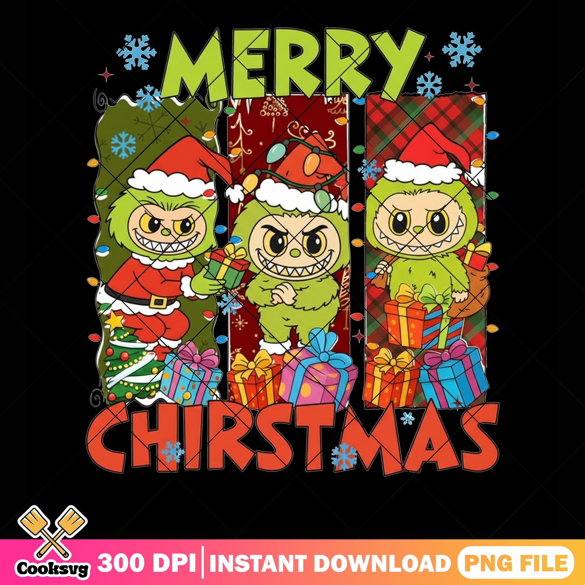 Christmas present snowflake png, labubu png, the grinch png