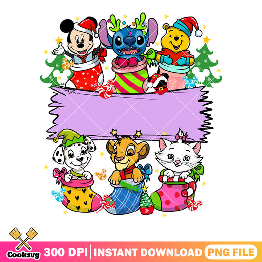 Christmas sock disney poster png, stitch png, winnie the pooh png