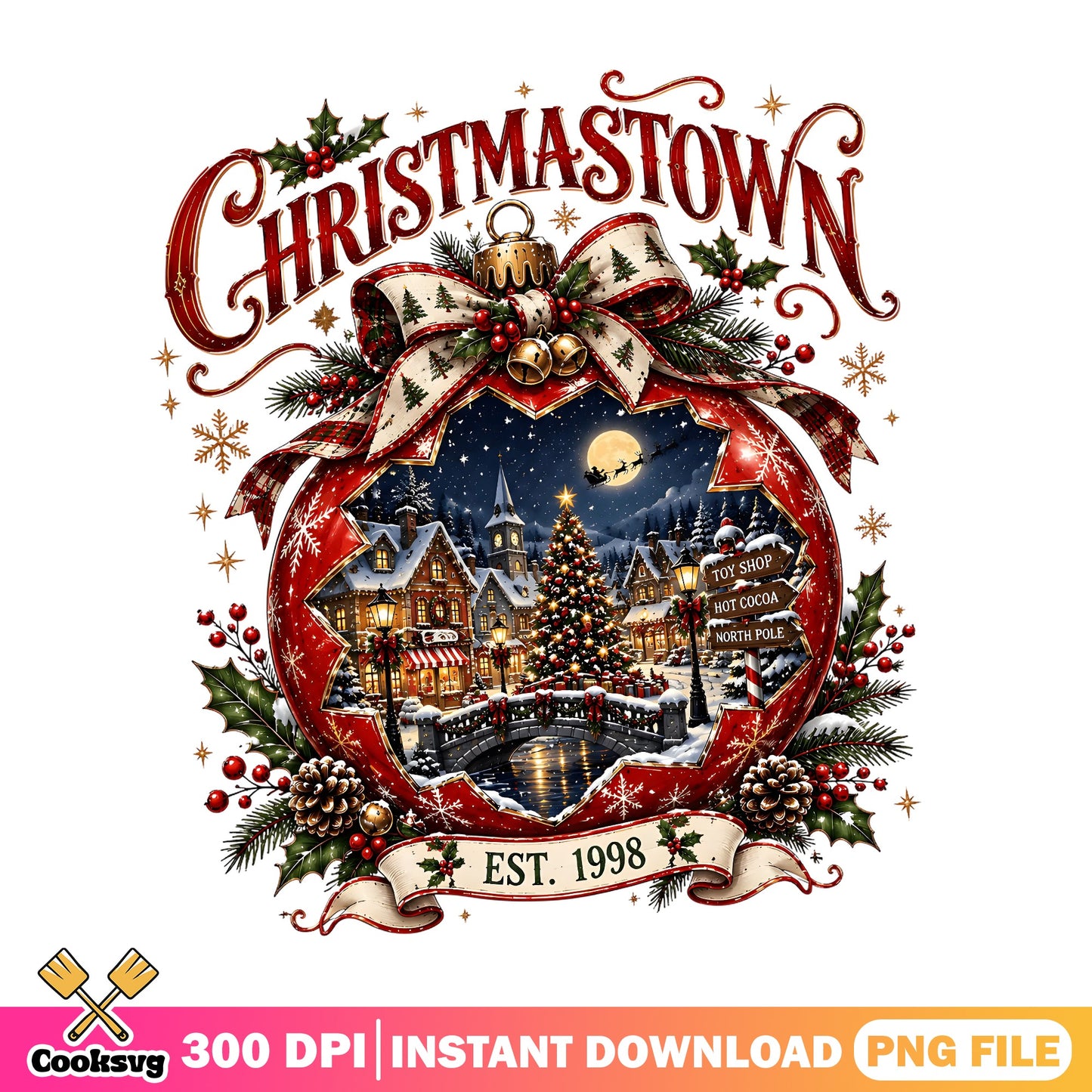 Christmastown Est 1998 PNG, Christmas Village Ornament PNG, Holiday PNG