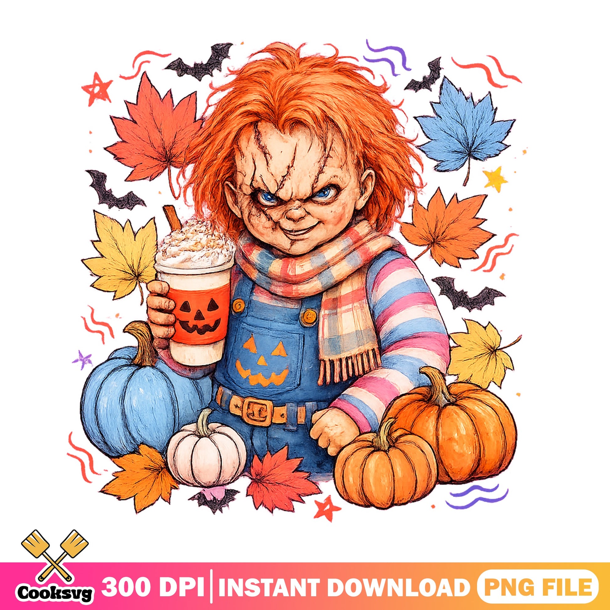 Chucky Halloween PNG, Horror Doll Fall Pumpkin PNG, Spooky PNG