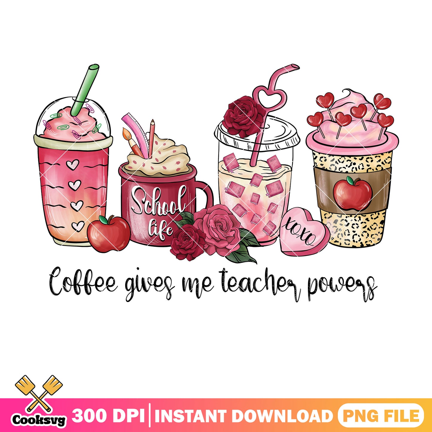 Coffee gives me teacher powers png, valentine coffee png, pink valentine png