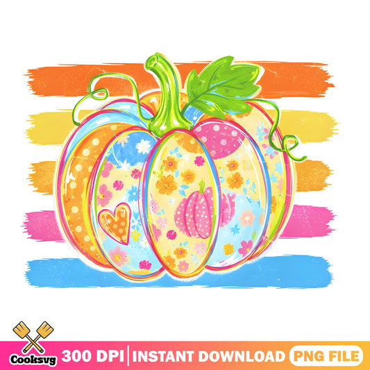 Colorful Floral Pumpkin PNG, Fall Halloween PNG, Retro PNG