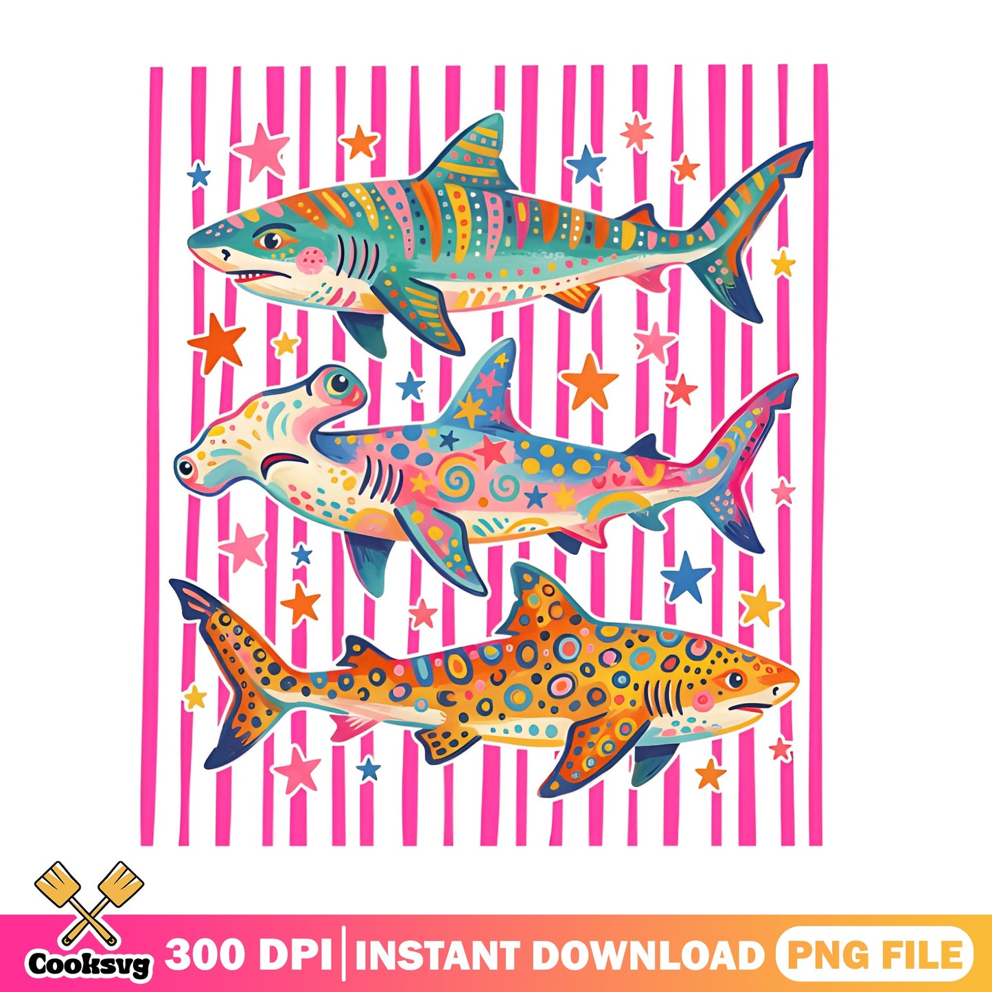 Colorful Shark Bundle PNG, Cute Shark Clipart, Ocean Animal PNG