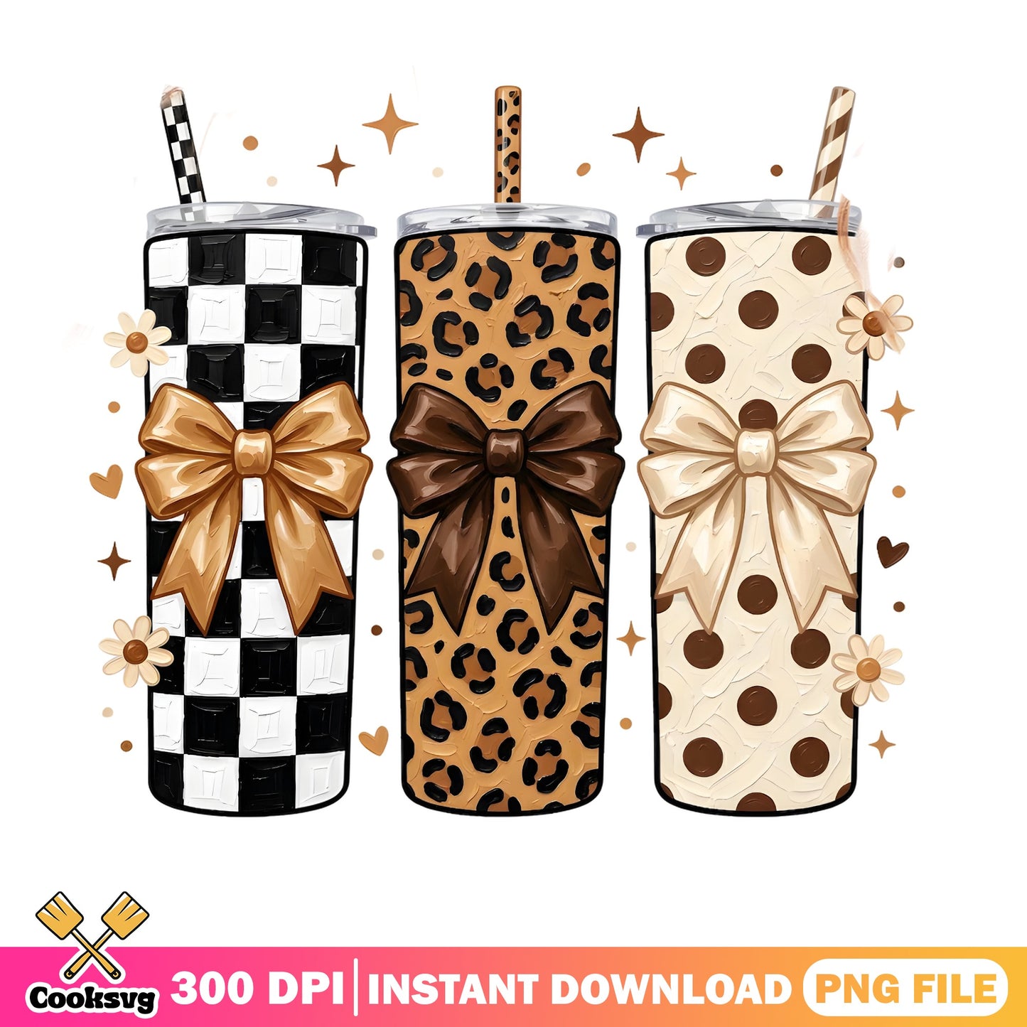 Coquette Bow Tumbler Wrap PNG, Leopard Checkered, Tumbler PNG