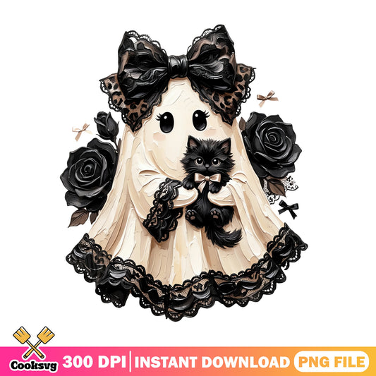 Coquette Ghost With Black Cat Halloween PNG, Floral Ghost PNG, Halloween PNG
