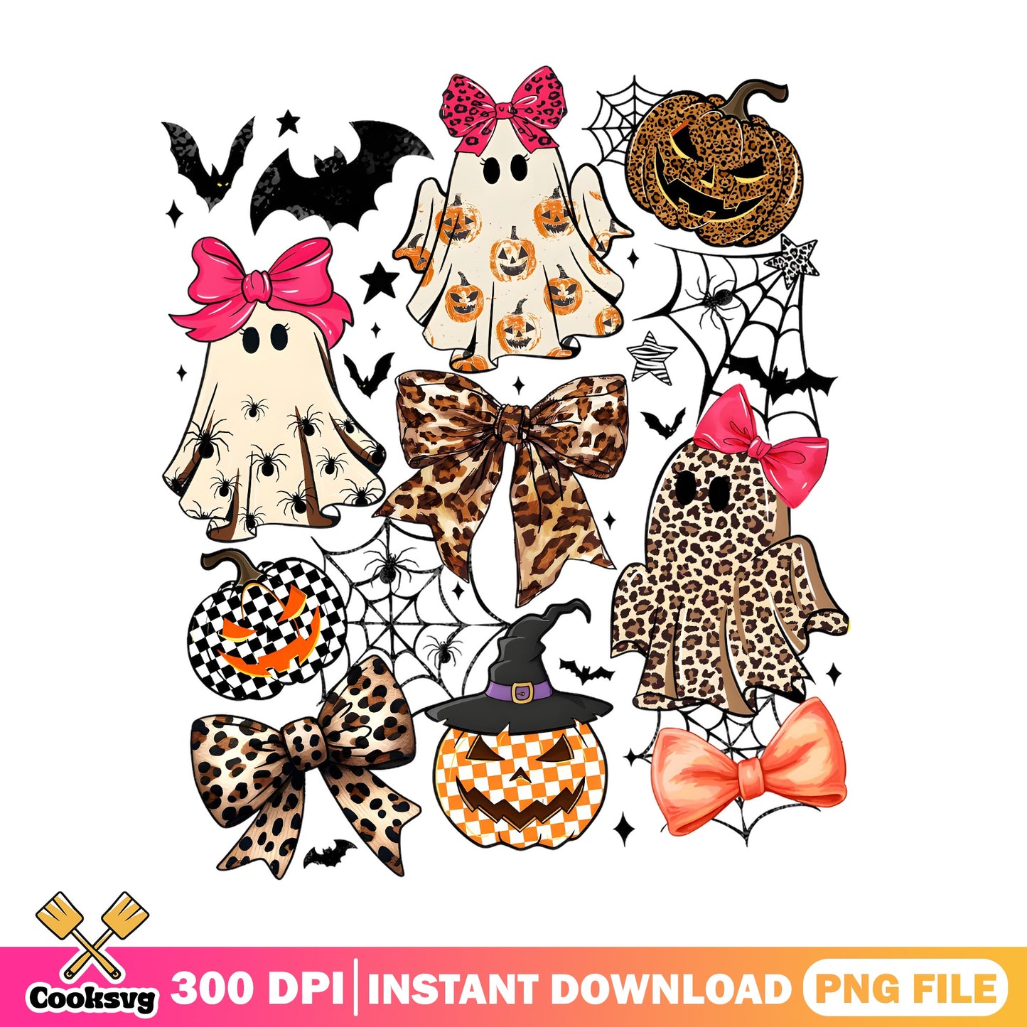 Coquette Halloween PNG, Leopard Ghost Pumpkin Bow PNG, Spooky PNG