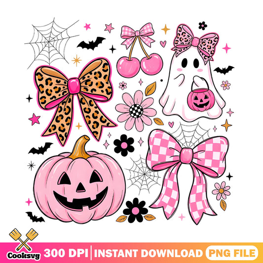 Coquette Halloween PNG, Pink Ghost Pumpkin Bow, Halloween PNG