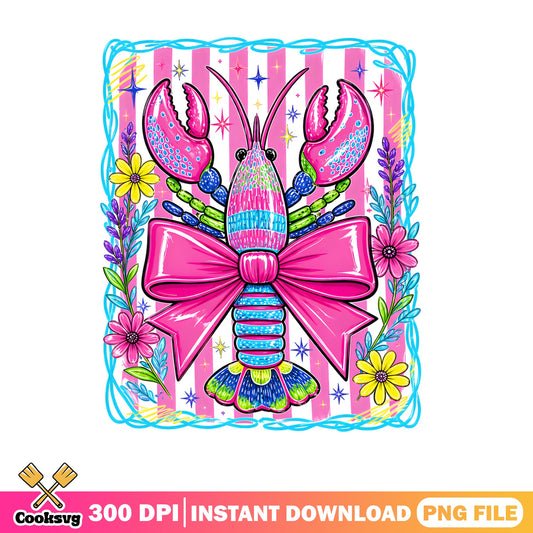Coquette Lobster PNG, Pink Bow Floral Crawfish, Cute Lobster PNG