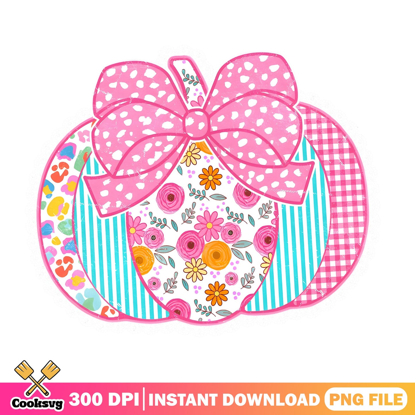 Coquette Pink Pumpkin With Bow PNG, Floral Pumpkin PNG, Halloween PNG