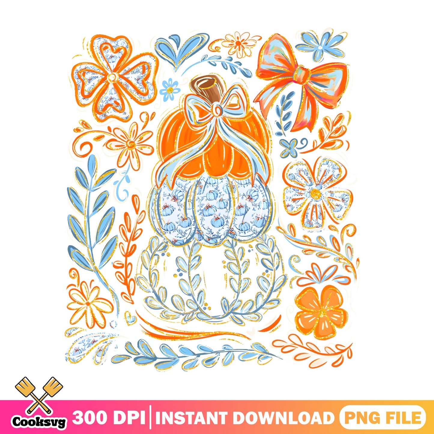 Coquette Pumpkin Floral Fall PNG, Bow Pumpkin PNG, Autumn PNG