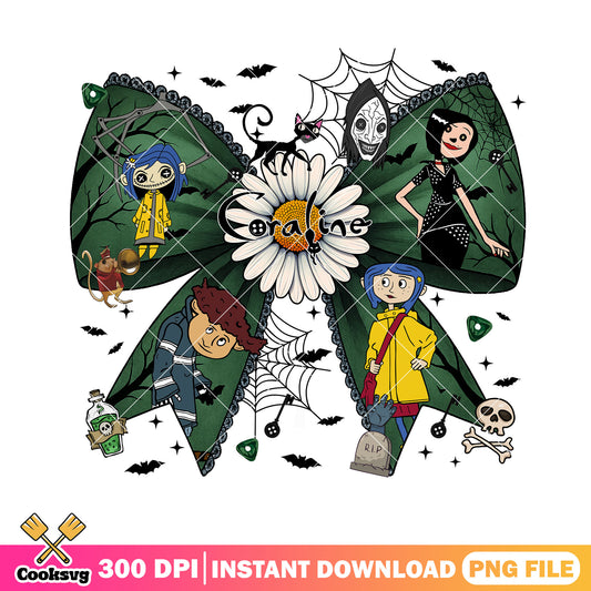 Coraline bow design png, coraline doll png, halloween spirit png
