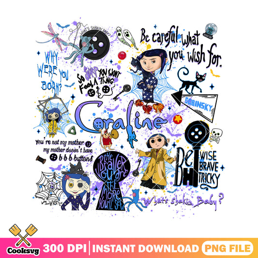 Coraline quote design png, coraline doll​ png, happy halloween png