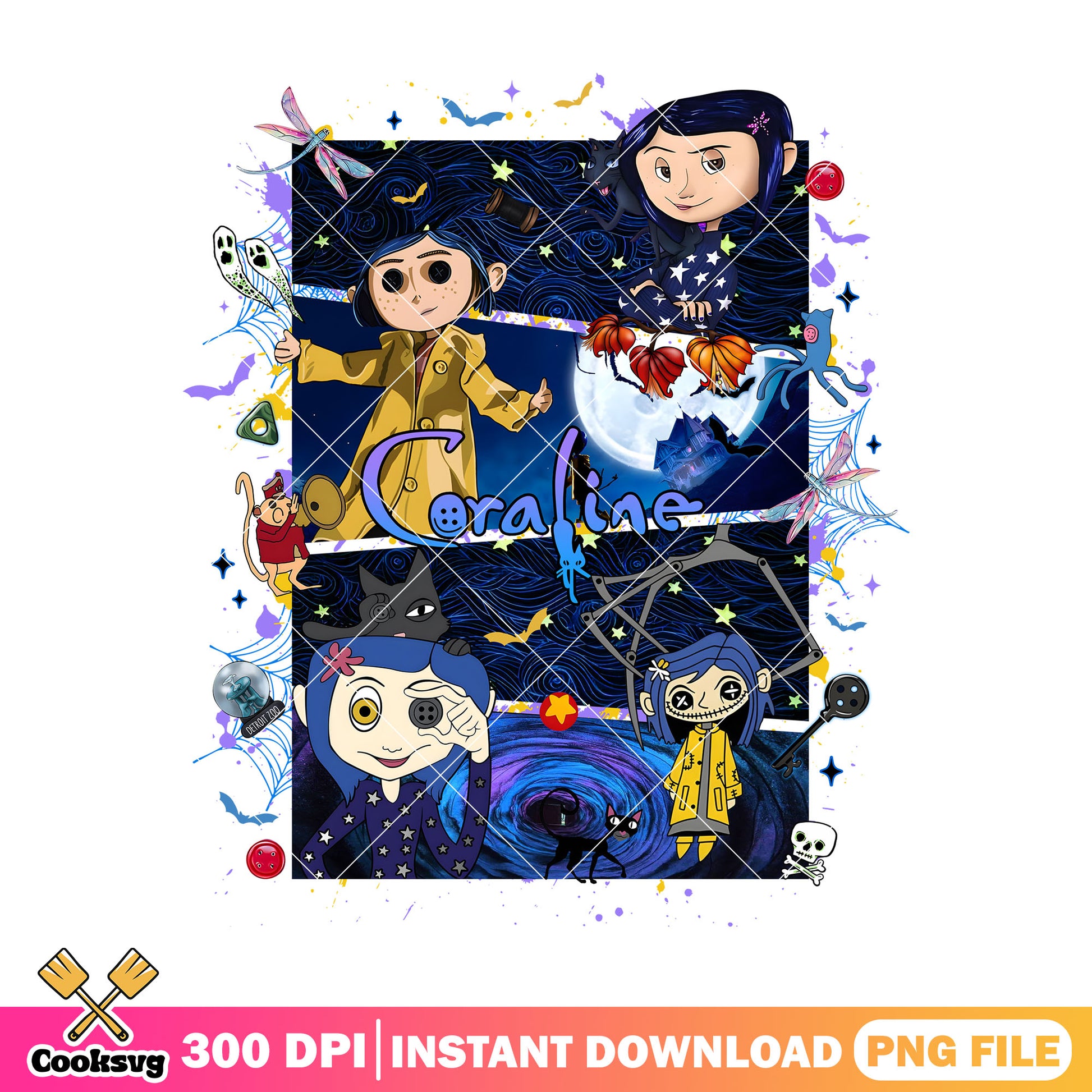 Coraline rectangle design png, coraline doll​ png, halloween movie png