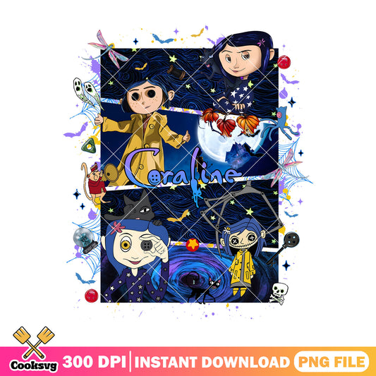 Coraline rectangle design png, coraline doll​ png, halloween movie png