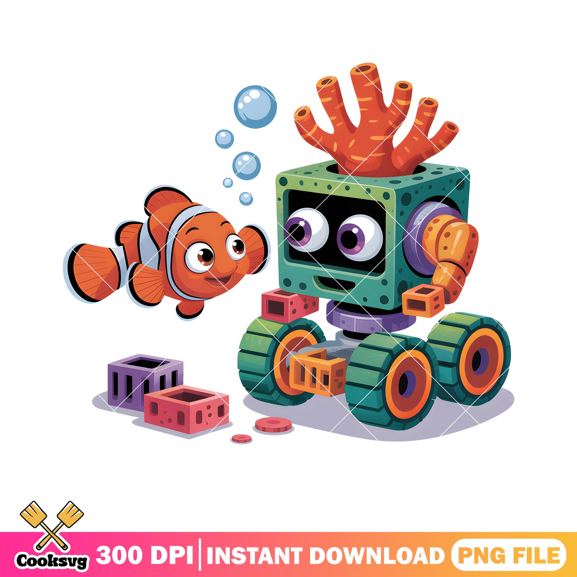 Coral robot with baby nemo png, clownfish nemo png, poster nemo png