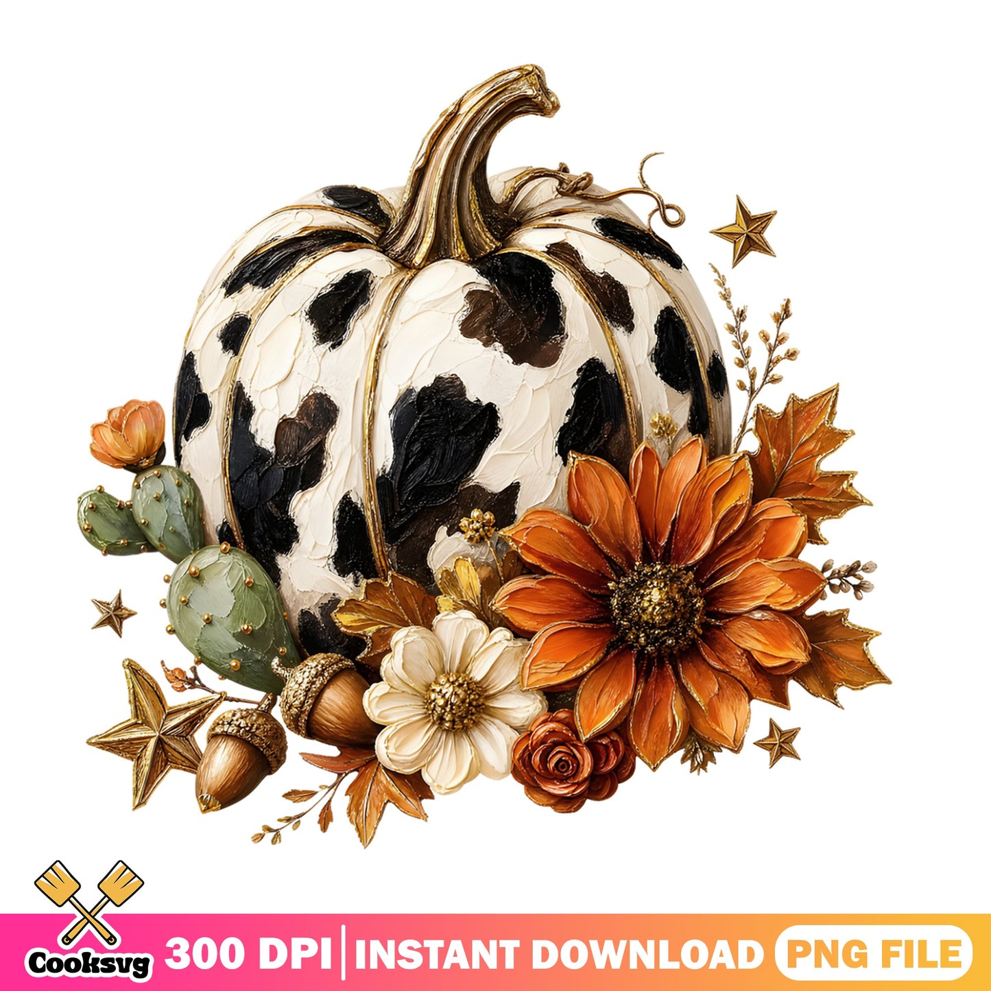 Cow Print Pumpkin Fall Floral PNG, Western Halloween PNG, Autumn PNG