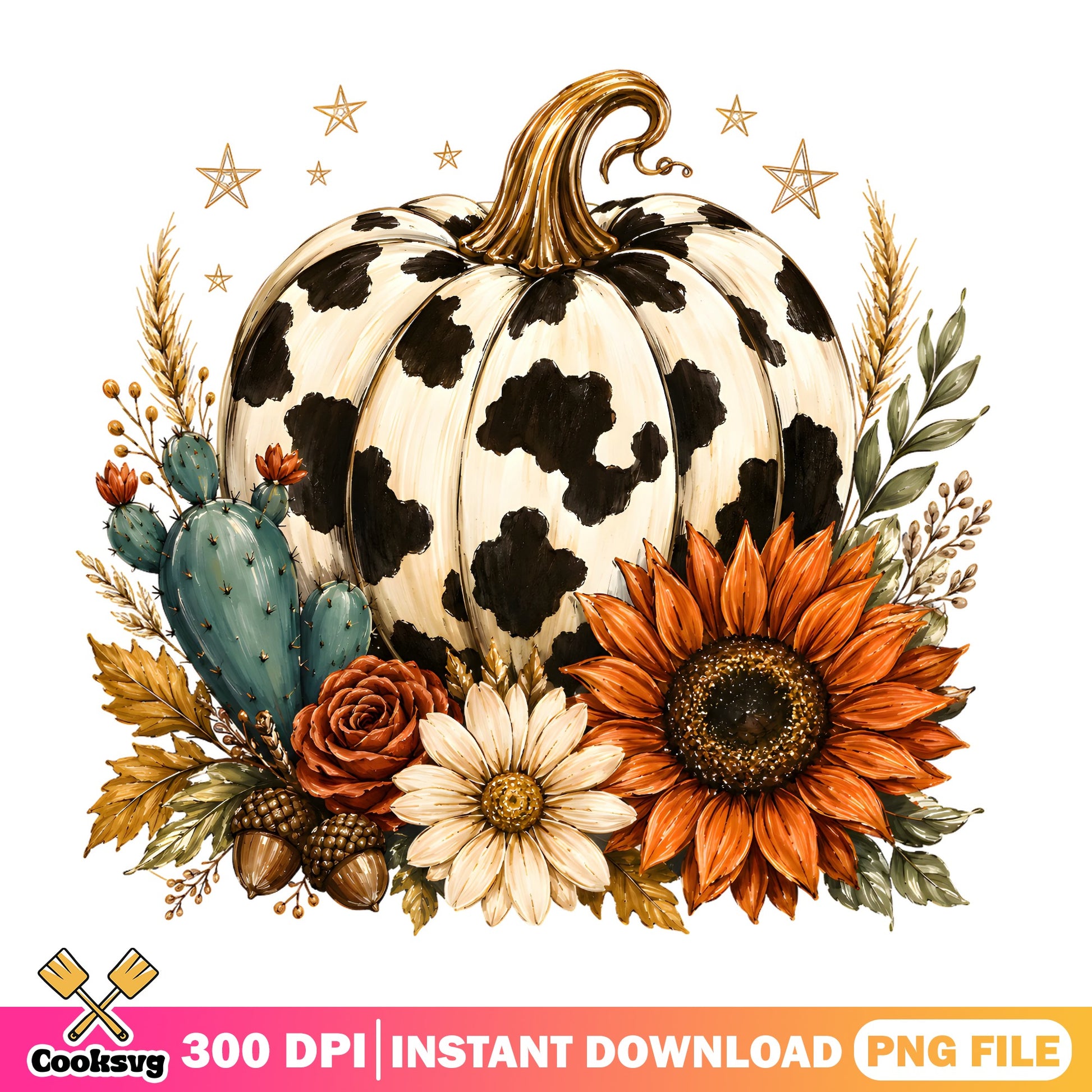Cow Print Pumpkin PNG, Western Fall Sunflower PNG, Halloween PNG