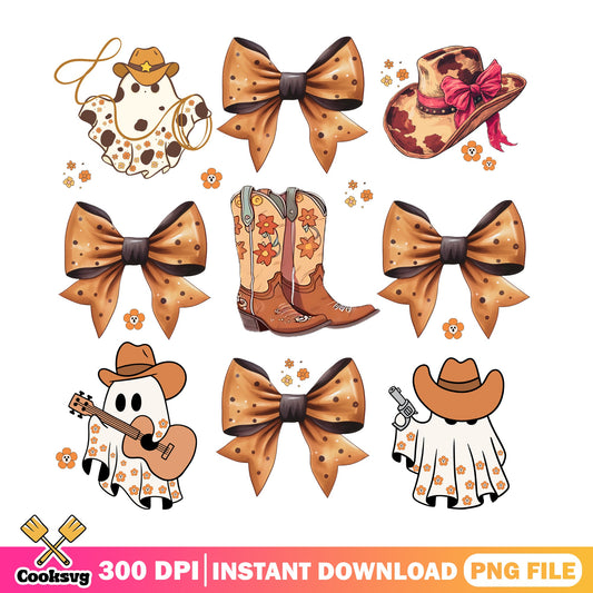 Cowboy Ghost Halloween PNG Bundle, Coquette Bow PNG, Western PNG