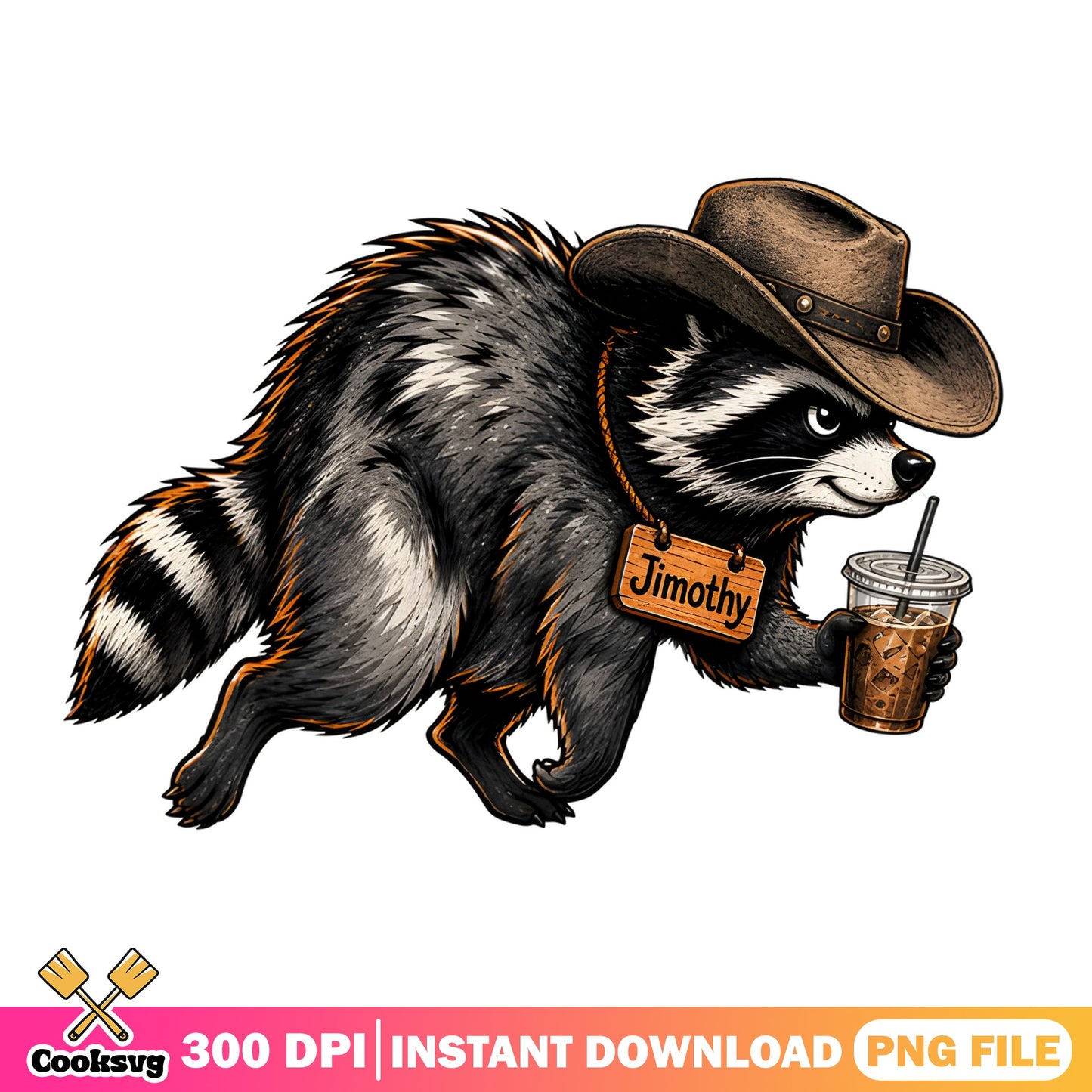 Cowboy Raccoon With Iced Coffee PNG, Funny Raccoon PNG, Western Animal PNG