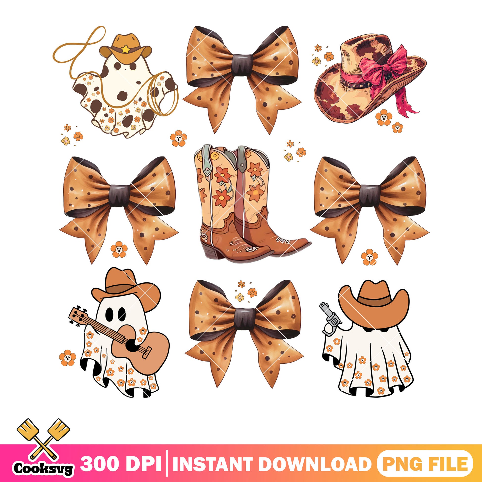 Cowboy ghost guitar png, brown bow tie png, halloween scary png